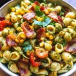 Corn Pasta Salad with Turkey Bacon and Creamy Pesto Dressing