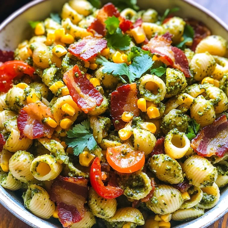 Corn Pasta Salad with Turkey Bacon and Creamy Pesto Dressing