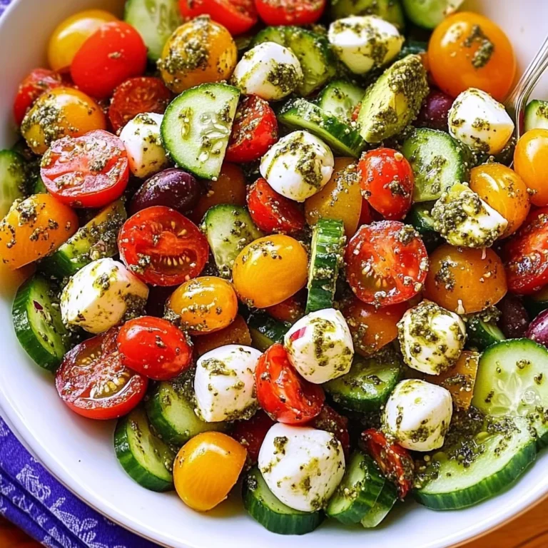 Tomato Cucumber Avocado Salad with Mozzarella and Basil Pesto